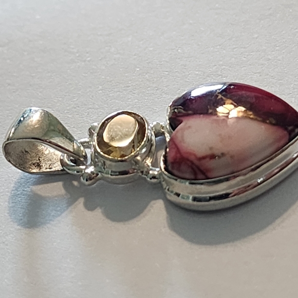 Sterling Silver Heart Pendant with Red and Pink Mookaite Jasper Yellow Citrine - Picture 3 of 5